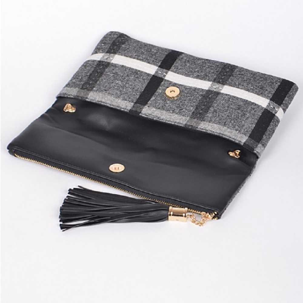 NEW Classic Gray Plaid Tweed Crossbody Bag Clutch - Picture 4 of 5